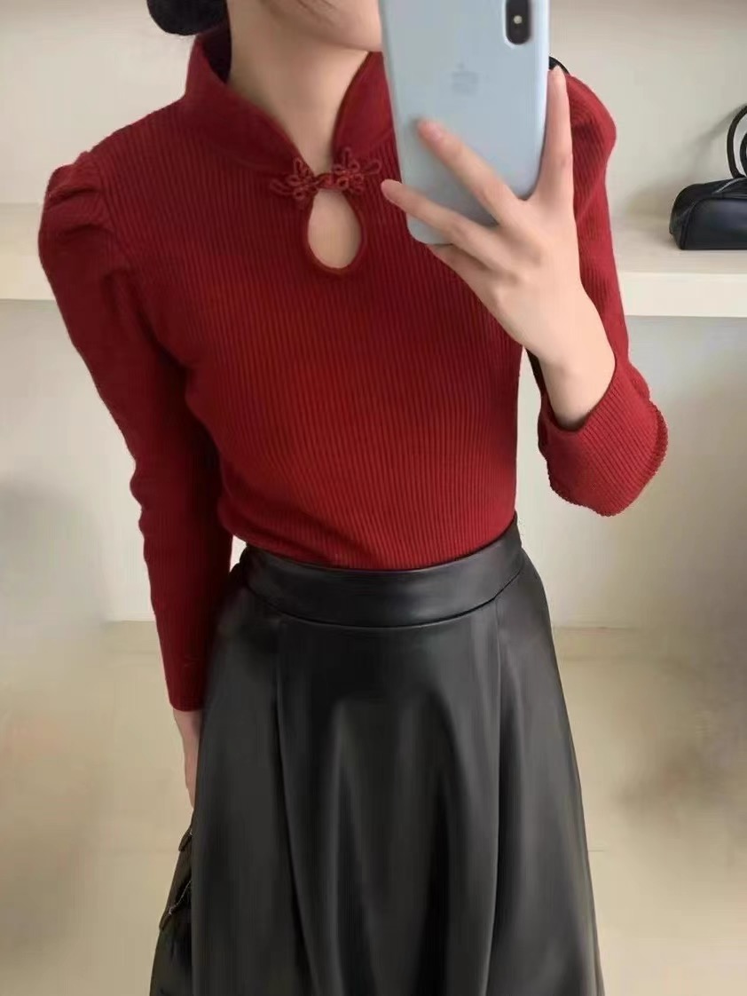 紅色新中式盤扣立領鏤空毛衣女秋冬內搭復古泡泡袖氣質顯瘦針織衫