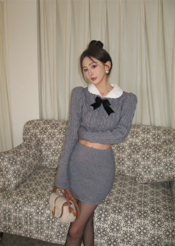 实拍 复古韩版修身显瘦麻花针织毛衣套装上衣+裙子两件套