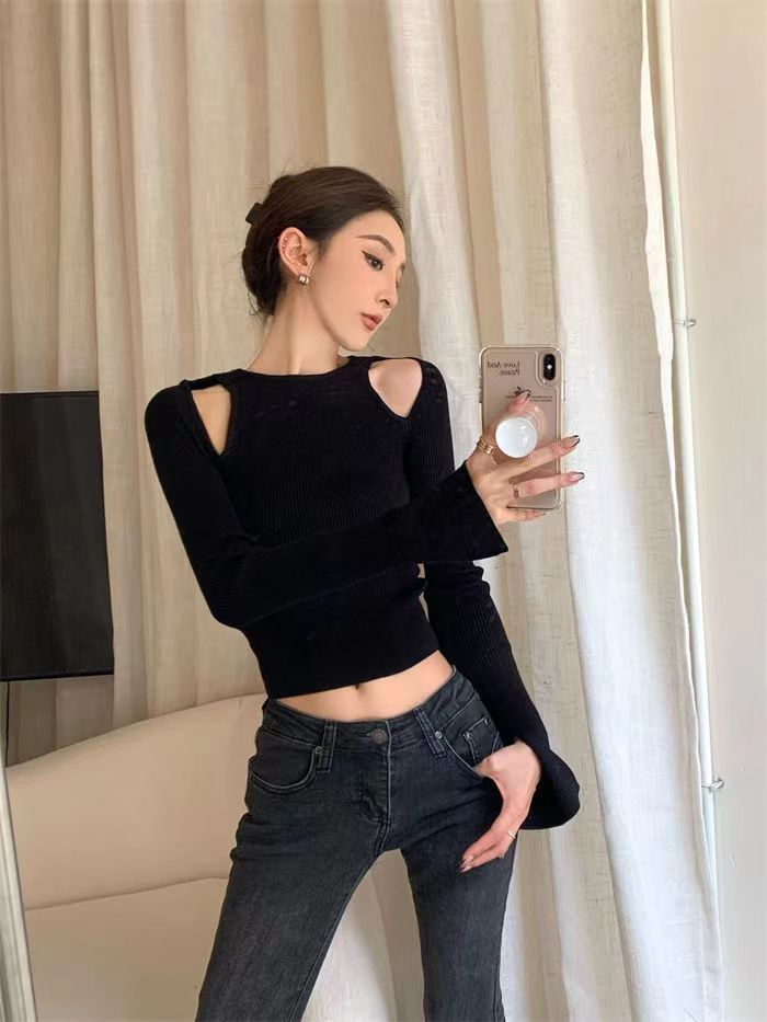 設計感小眾秋冬新款露肩長袖打底衫女辣妹修身百搭短款上衣女ins