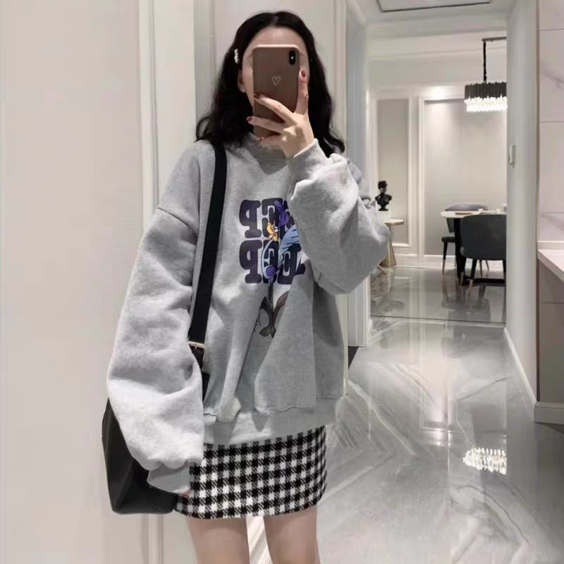 美式復古圓領無帽灰色大碼秋冬季加絨加厚寬鬆衛衣女oversize潮牌