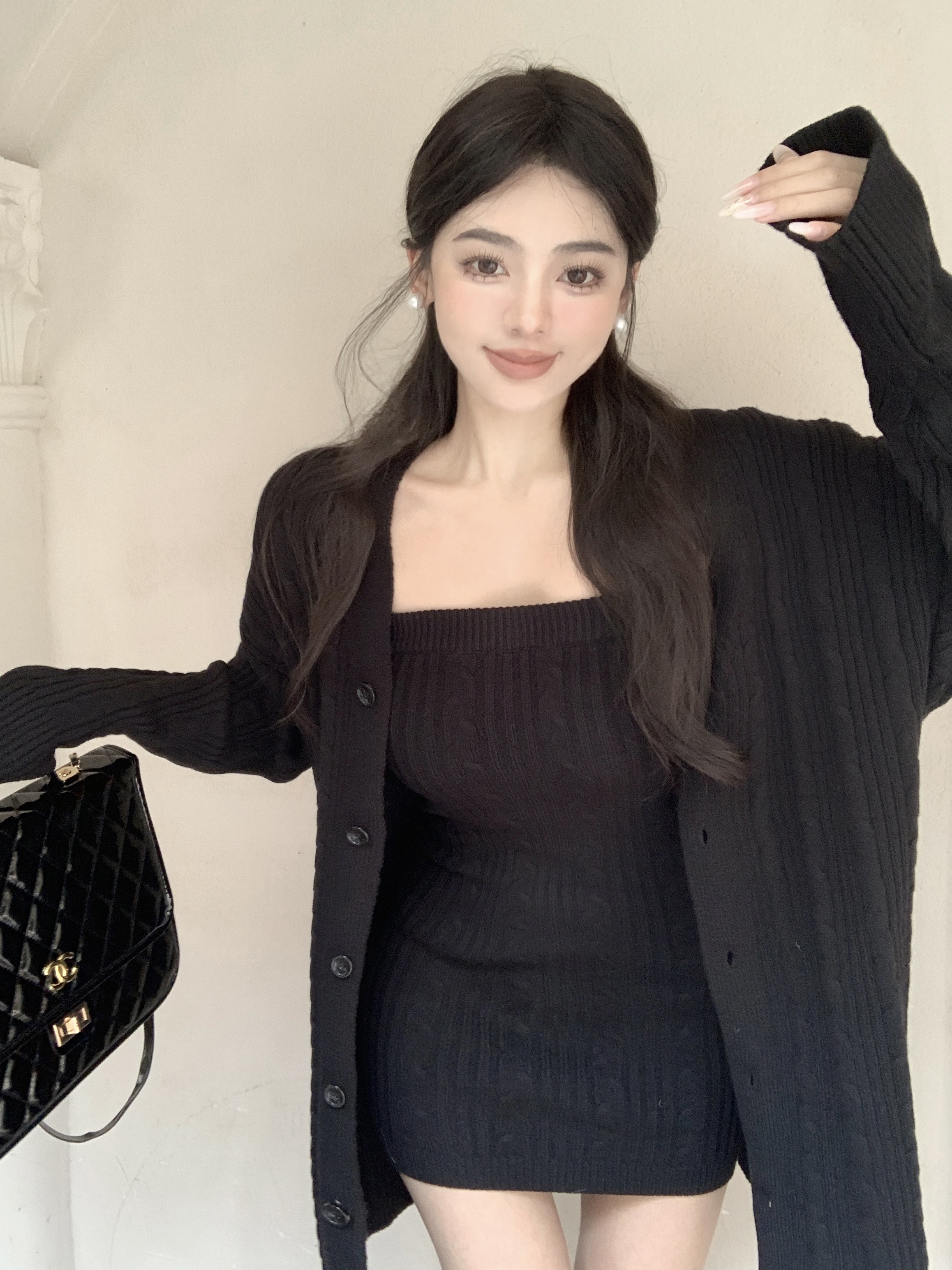 實拍塞納河畔慵懶風麻花針織開衫修身顯瘦抹胸裙兩件套