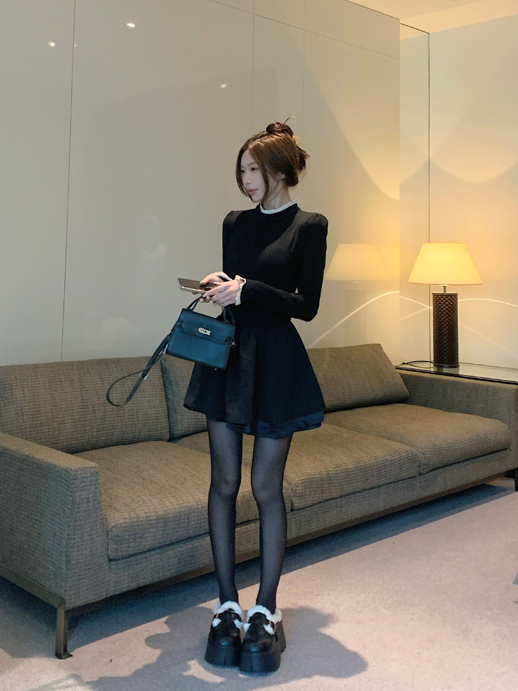 實拍 秋冬韓chic氣質內搭外穿赫本裙小黑裙