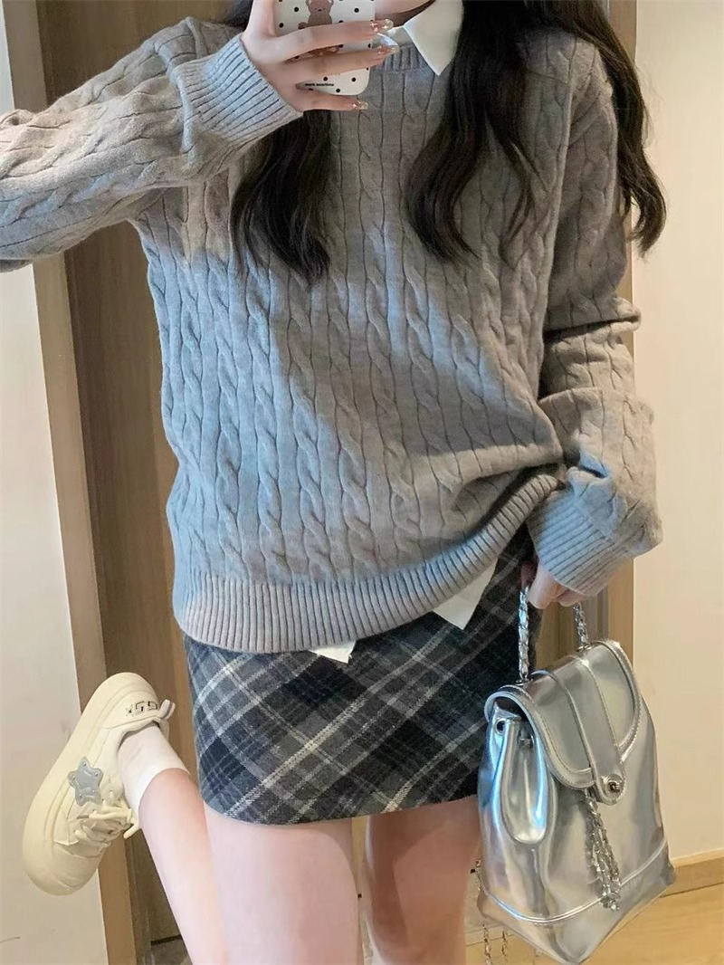 Sheep wool quality retro college style pullover twist lazy style round neck sweater for women