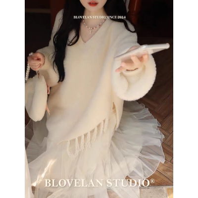 月落湖心 純色氣質流蘇水貂絨寬鬆毛衣厚針織上衣女秋冬