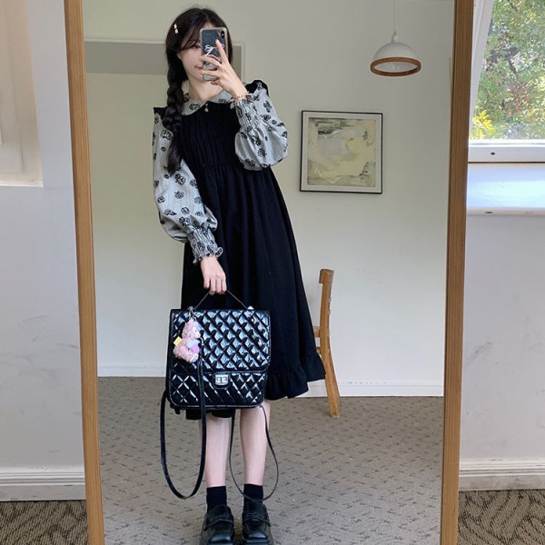 煙熏玫瑰微胖女孩顯瘦長袖連衣裙2023秋冬設計感假兩件減齡茶歇裙