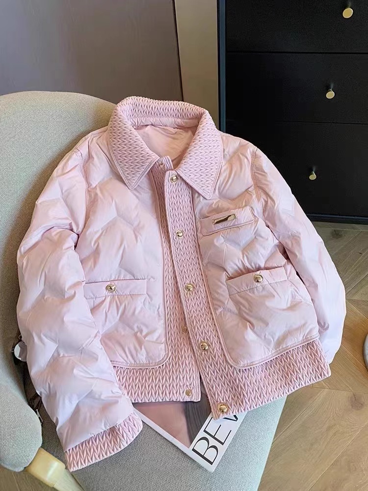 Autumn and winter pink sweet age-reducing design stitching POLO collar cotton coat trendy women simple small cotton coat