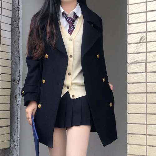 With permed large buttons 360g winter Japanese college style woolen coat for women jk uniform pocket double breasted coat