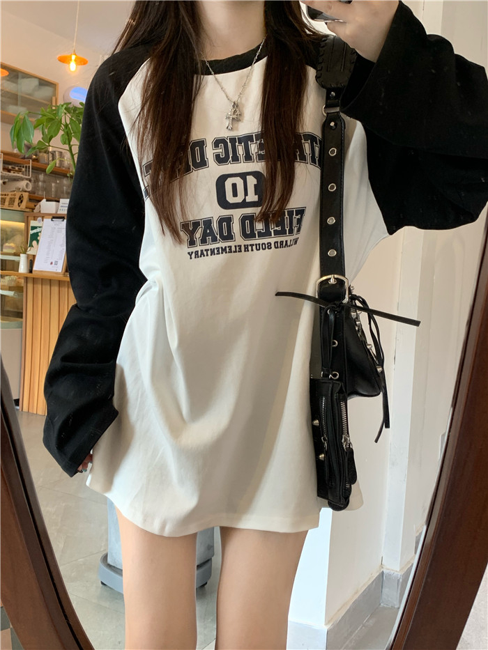 春秋季新款純棉長袖t恤女設計感小眾上衣撞色寬鬆減齡打底衫