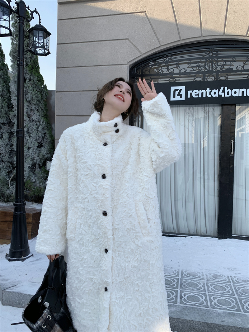 Lamb wool coat, women's long coat, knee-high design, chaebol family imitation rabbit fur, thickened loose stand-up collar