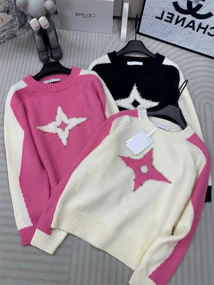 韓系撞色鑲鑽五角星套頭毛衣女秋冬新款設計感小眾寬鬆圓領針織衫