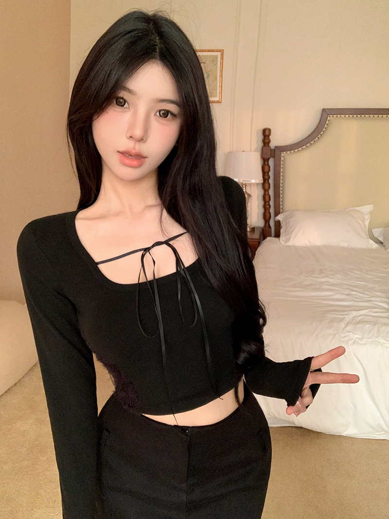 實拍！美式性感修身拼接蕾絲花邊鎖骨綁帶短款內搭T恤女2365