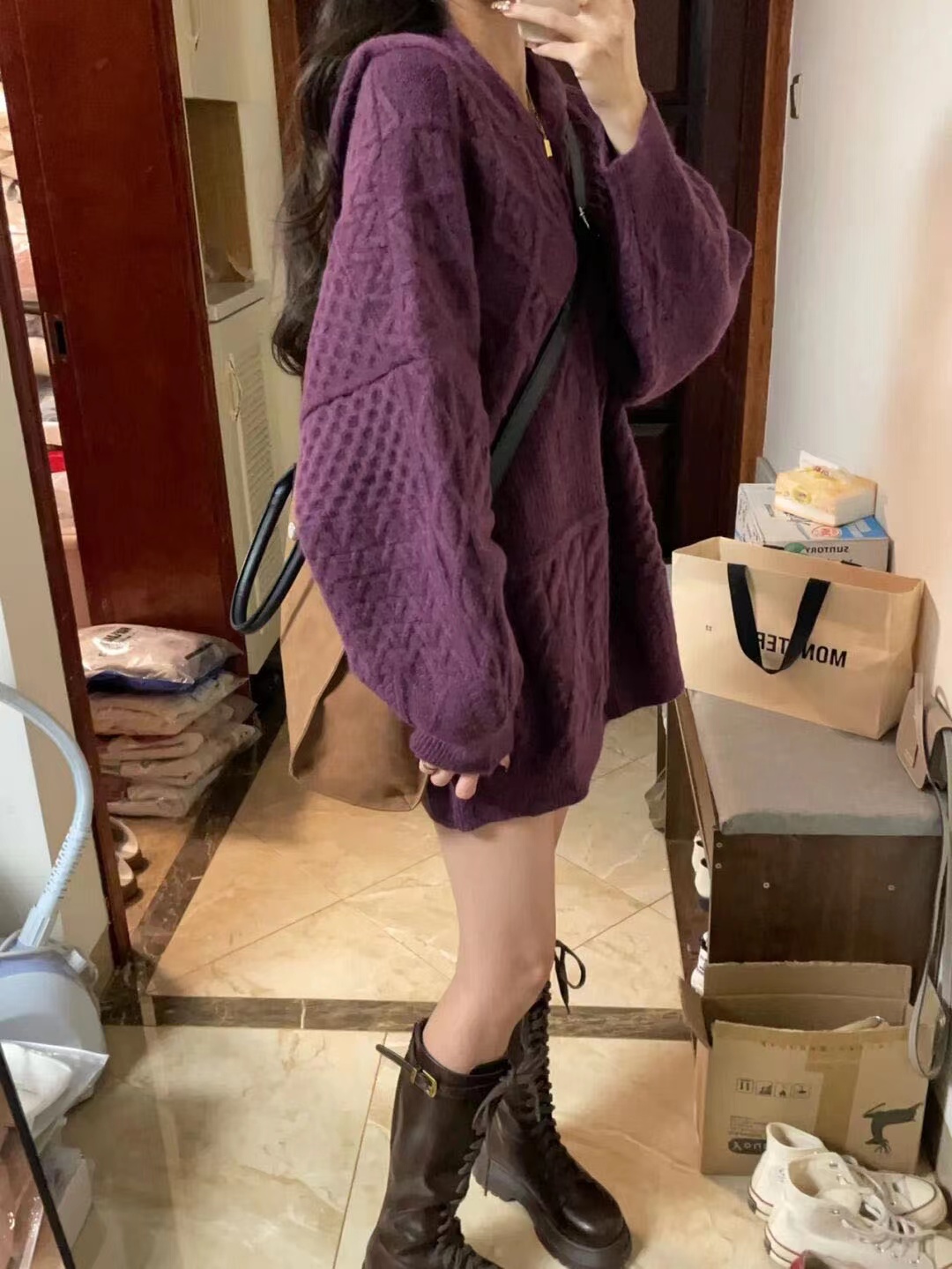 溫柔慵懶紫色圓領套頭毛衣女秋冬小眾圓領針織衫ins