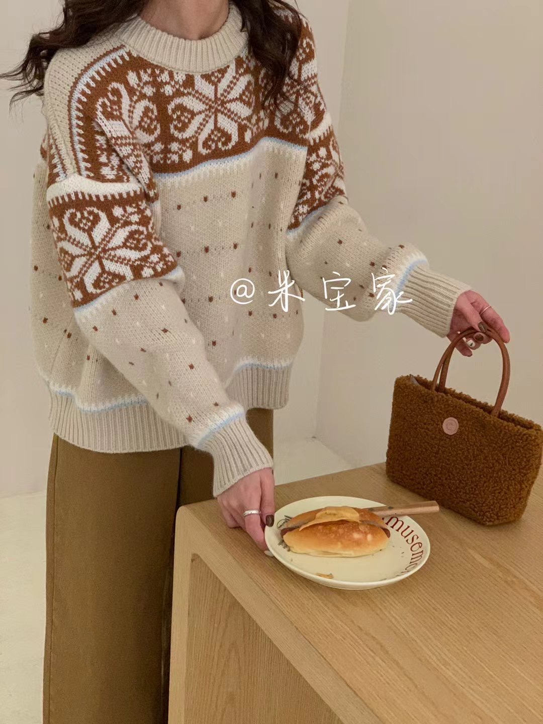INS韓國東大門！提花設計粉色溫柔圓領套頭寬鬆百搭軟糯韓系毛衣