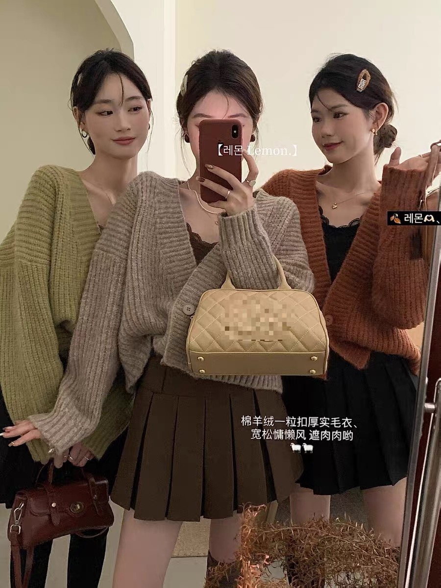 THE LEMON檸檬綠茶韓系秋冬V領慵懶風一粒扣毛衣女設計感針織開衫
