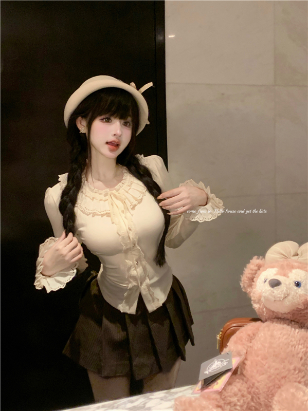 實拍  蕾絲花邊立領打底上衣百搭喇叭袖襯衫女