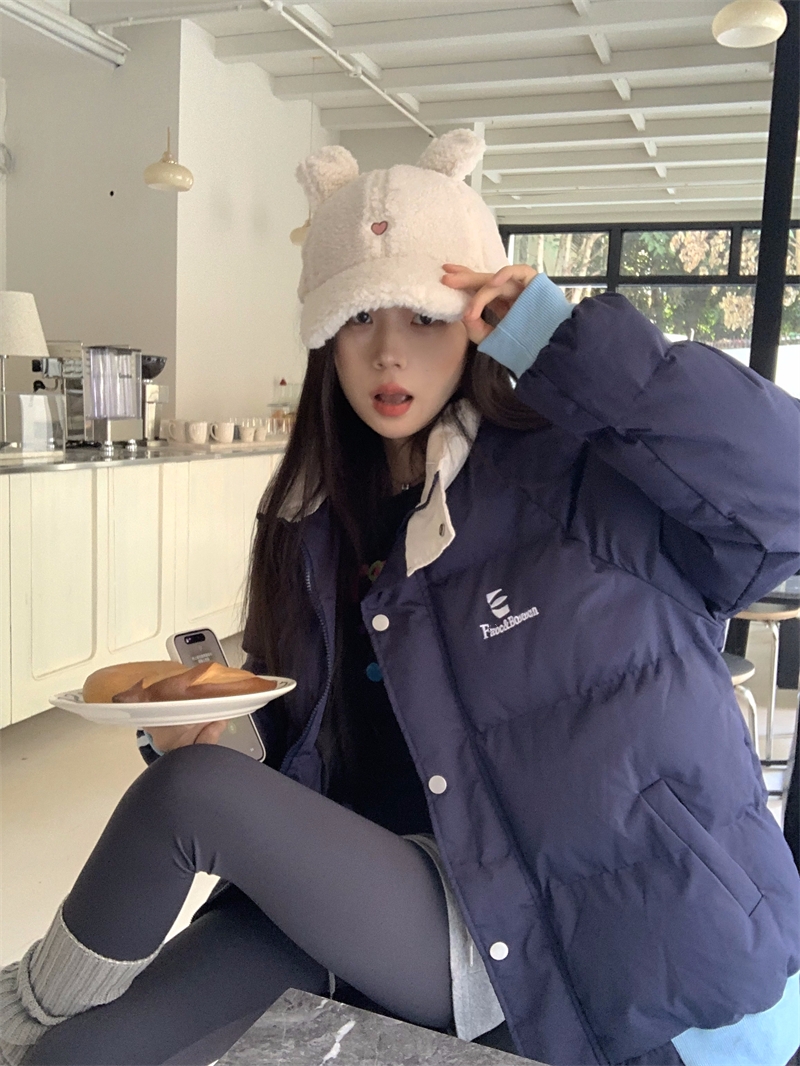 Actual shot of three-stripes printed, color-blocked, loose-fitting cotton-padded jacket