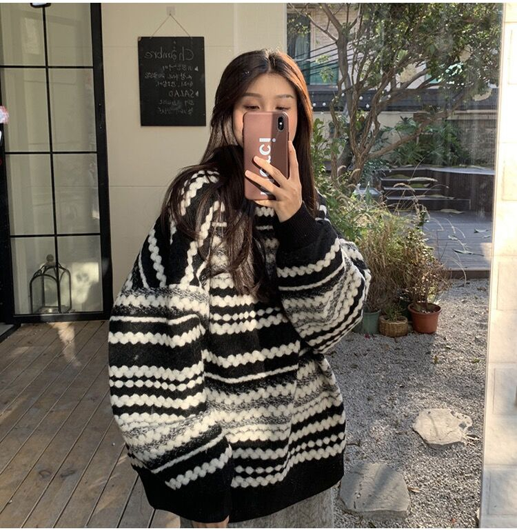 條紋套頭大毛衣女秋冬寬鬆外穿oversize慵懶風上衣中長款