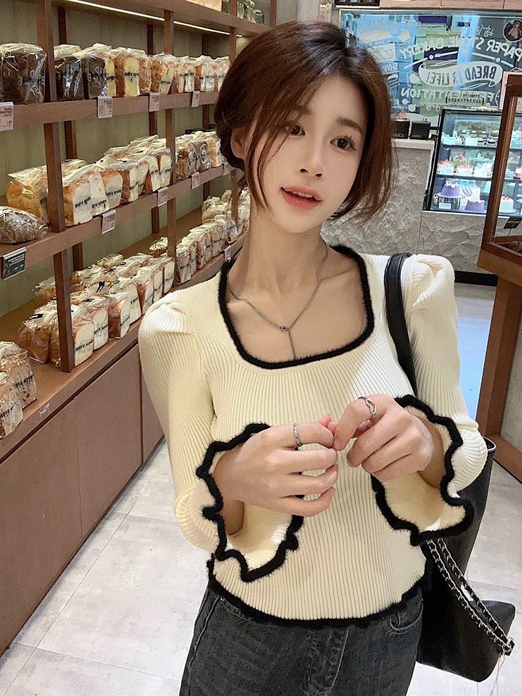 實拍~設計感小眾方領喇叭袖百搭毛針織衫女修身顯瘦毛衣