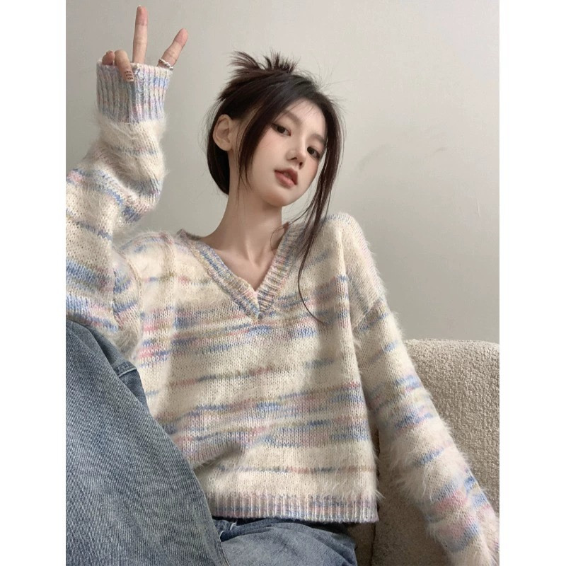 溫柔風軟糯v領條紋毛衣女春秋寬鬆短款內搭仿貂絨打底針織衫上衣