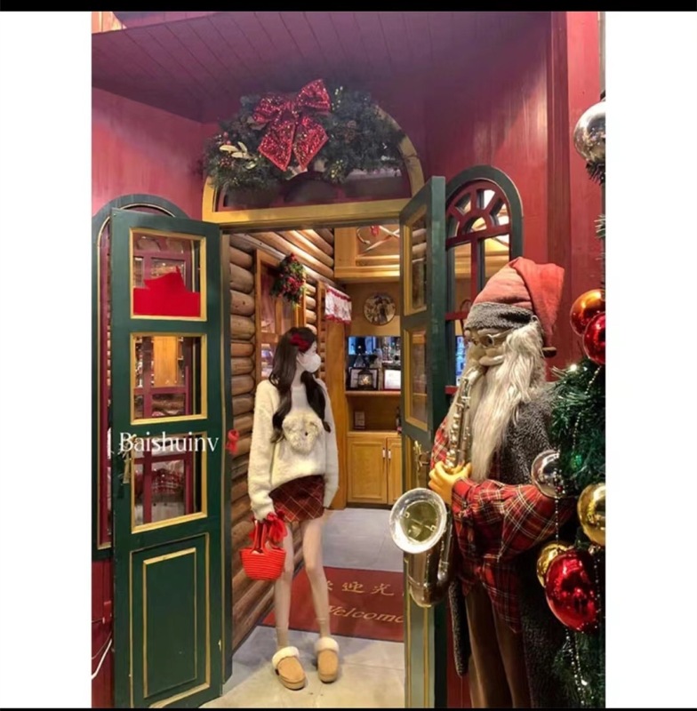 白水女聖誕小狗~毛衣+半身裙氣質顯瘦高腰