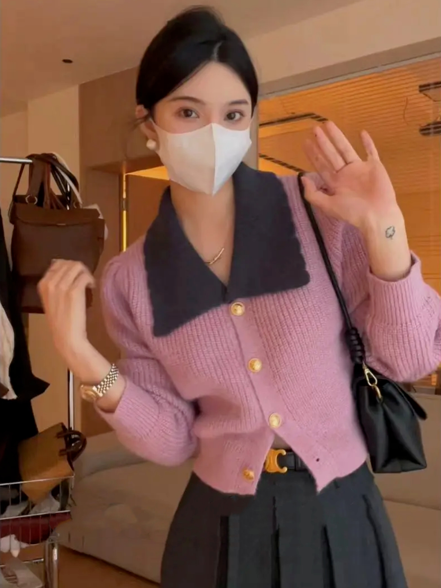 韓系氣質風翻領設計拼色小金扣毛衣女秋冬百搭顯瘦小香風針織開衫