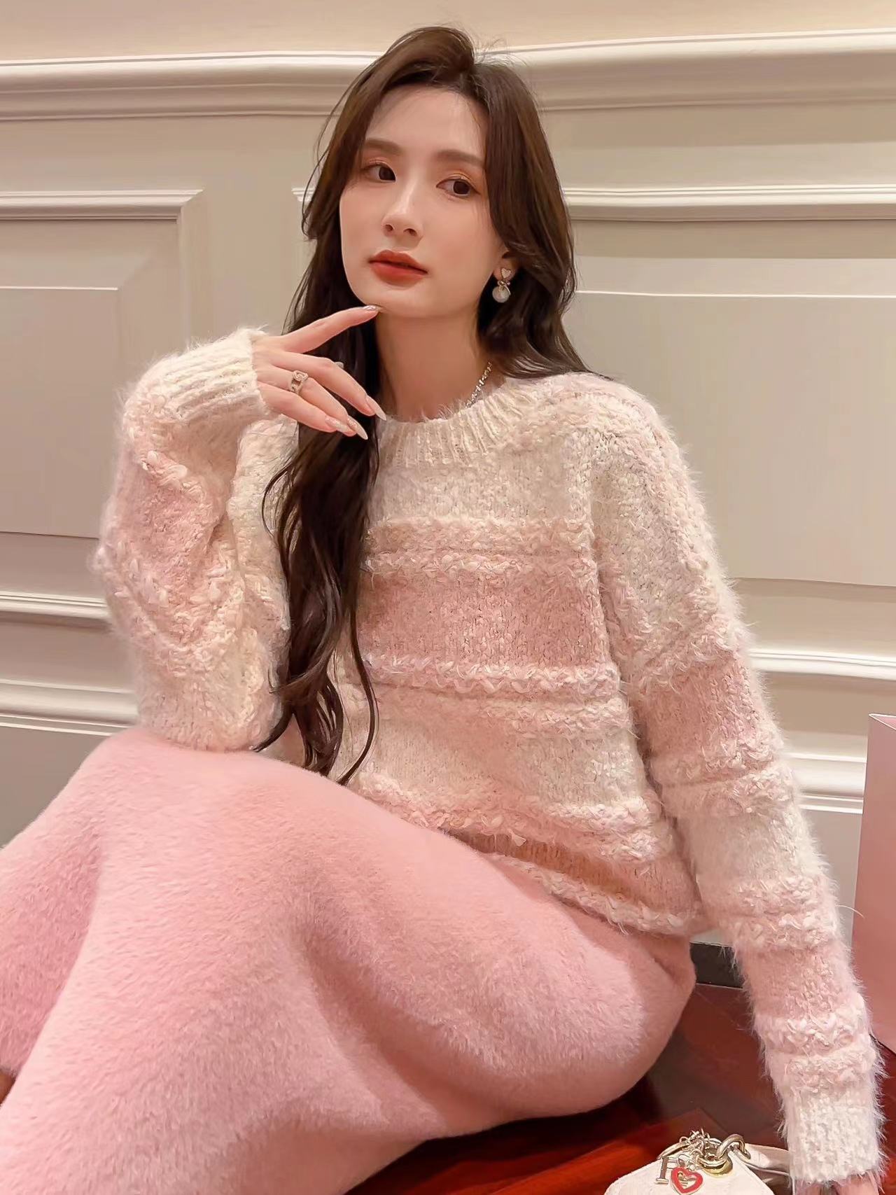 張心子費爾島慵懶風編織麻花毛衣女寬鬆套頭圓領毛針織衫上衣