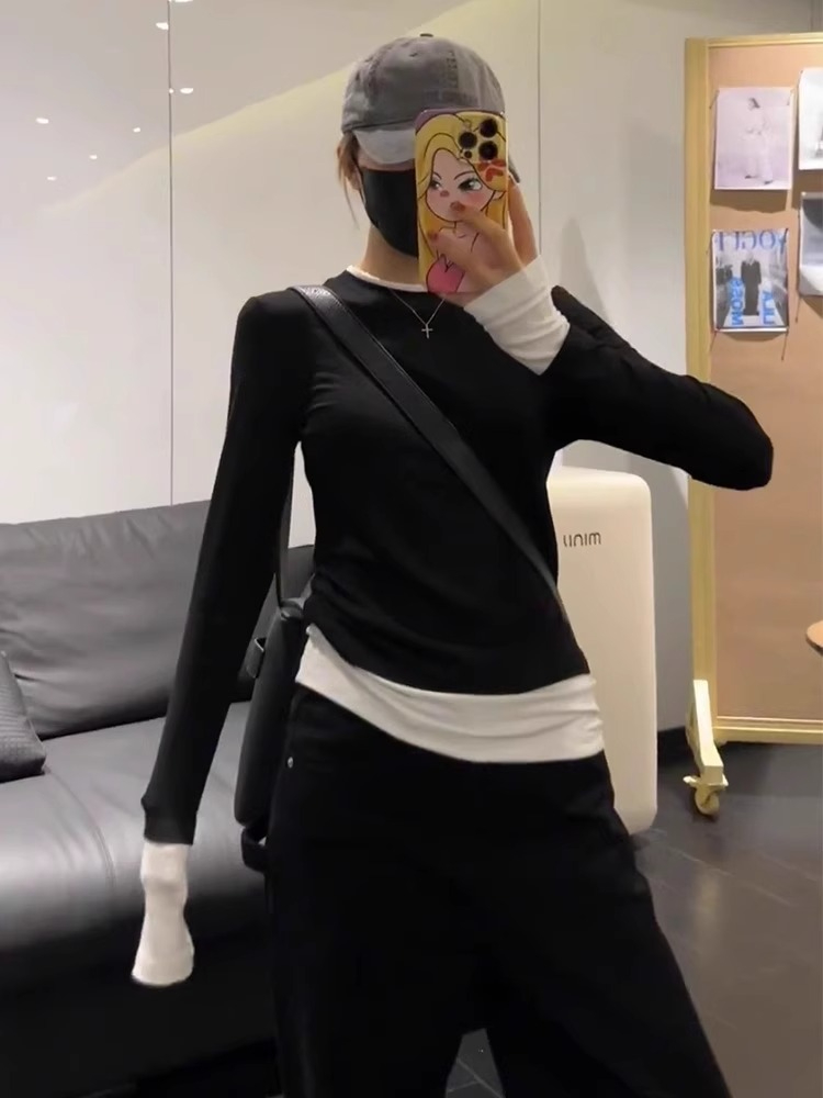 fancccy黑色假兩件長袖T恤女2023秋冬打底衫修身顯瘦黑色內搭上衣