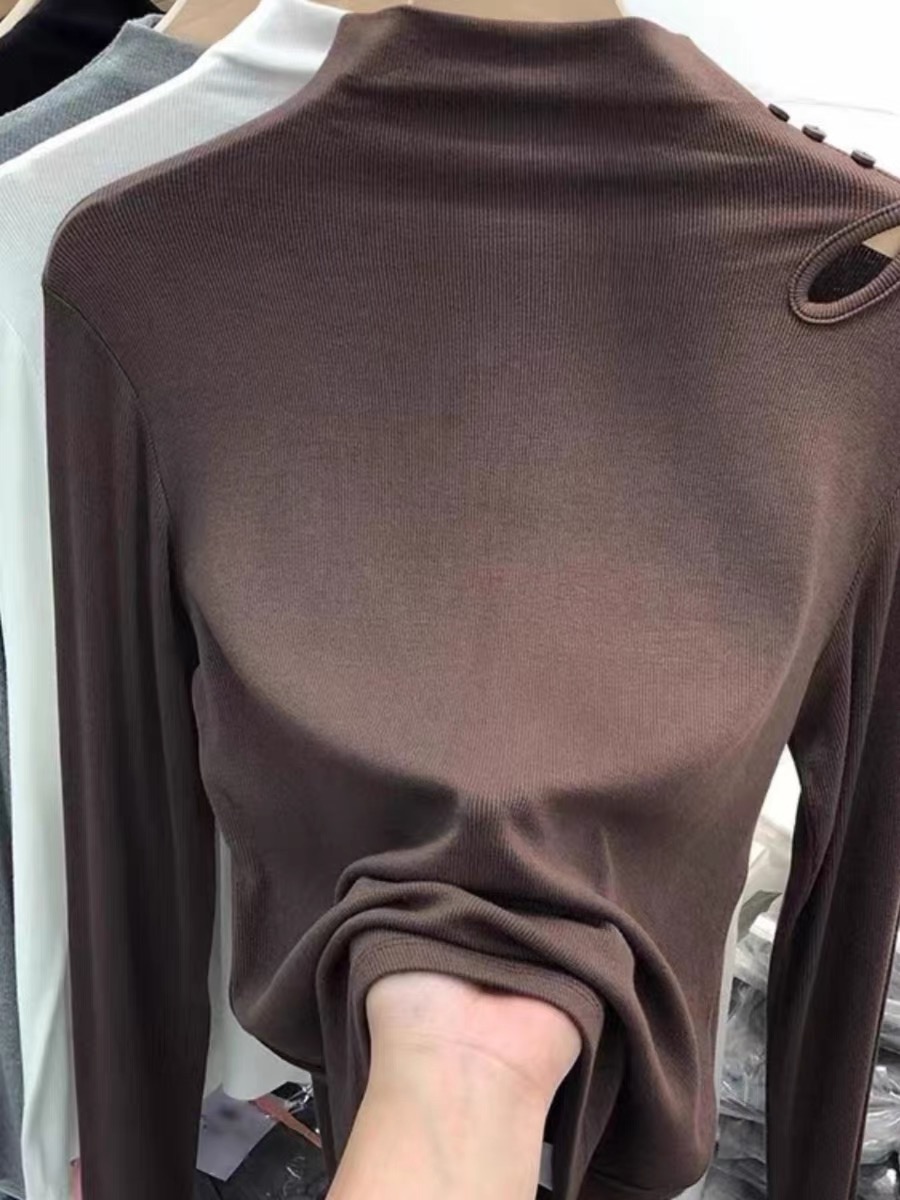 歐貨加絨高領打底衫女秋冬洋氣內搭修身顯瘦上衣鏤空鎖骨長袖T恤