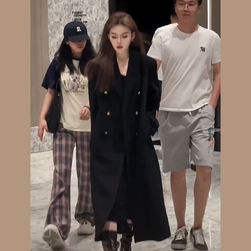 小個子赫本風西裝黑色毛呢外套女秋冬2023新款韓系高級中長款大衣