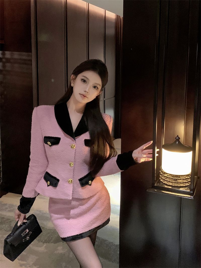小香風名媛套裝女裝粉色修身收腰短外套秋季包臀短裙半身裙兩件套