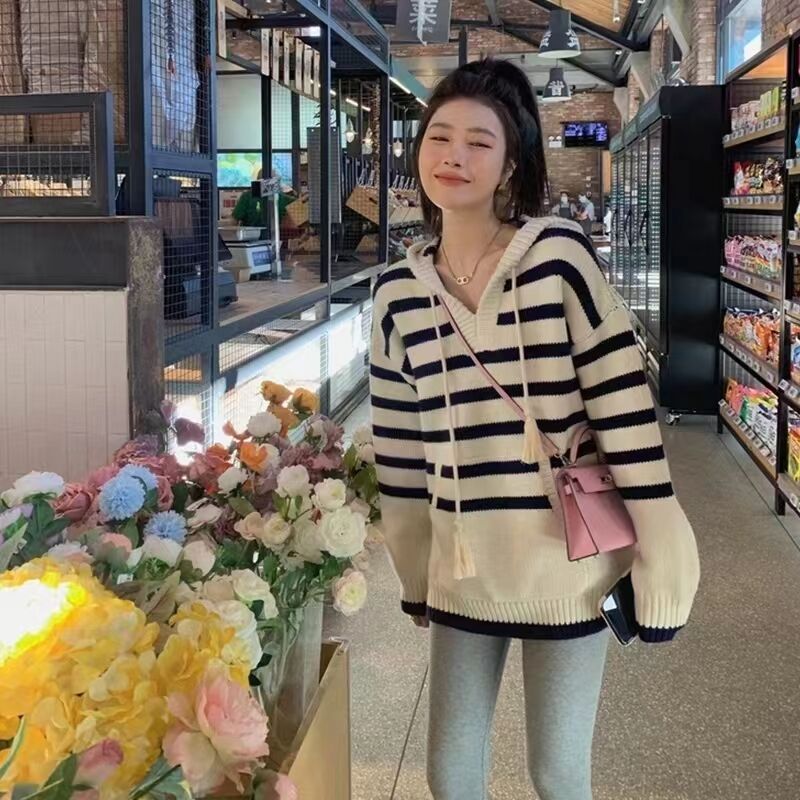 連帽條紋針織衫女春秋新款時尚日系慵懶風寬鬆毛衣百搭上衣潮