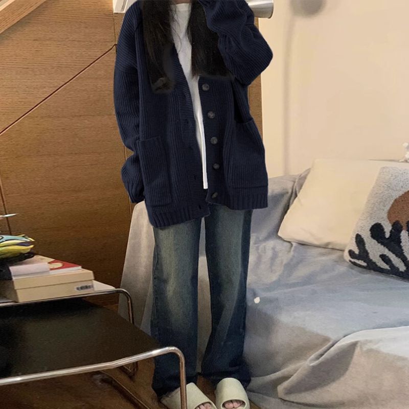 日系復古慵懶風v領毛衣女秋冬2023年新款高級感寬鬆針織開衫外套