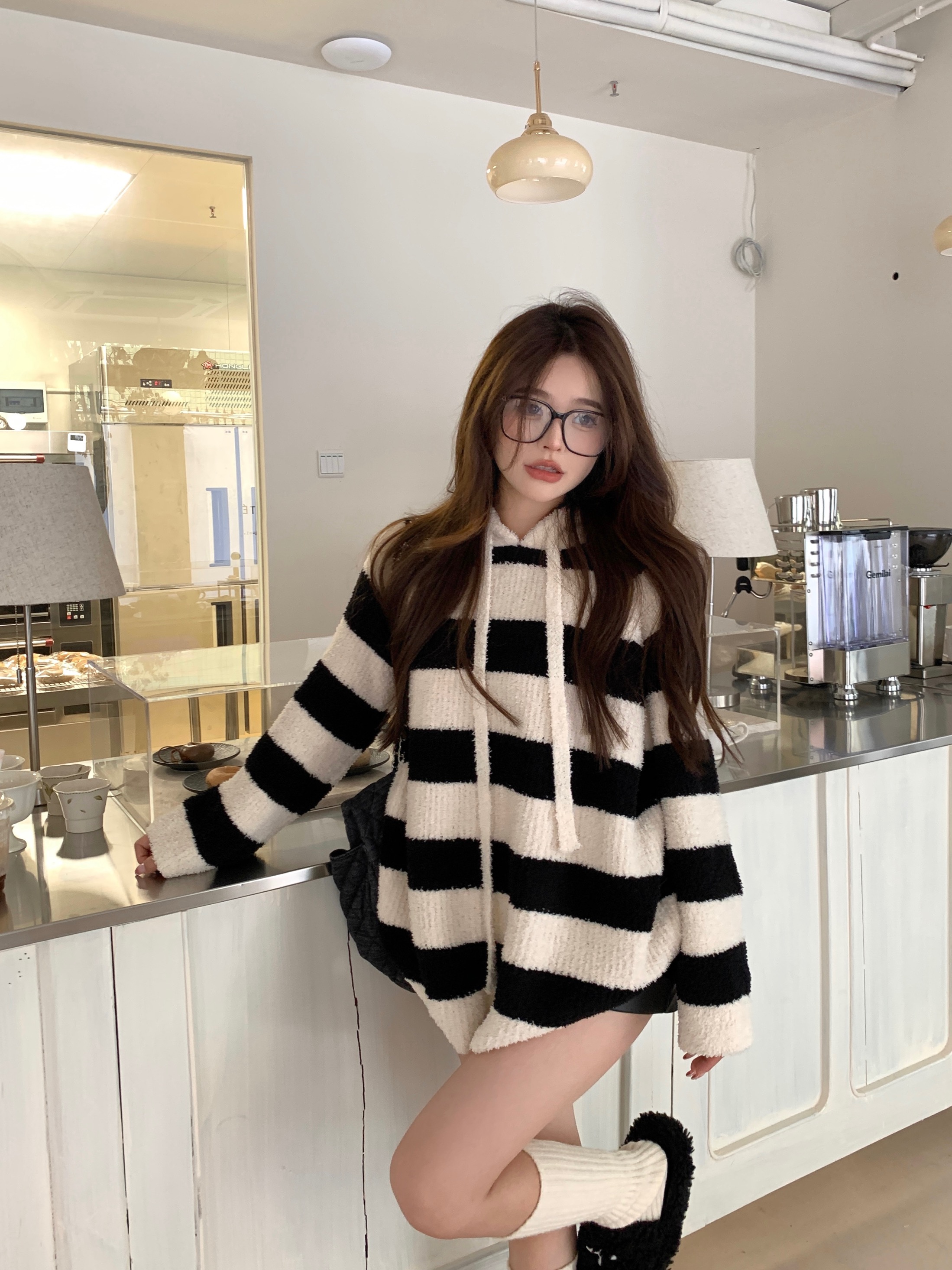 實拍  海鷗條紋加厚毛衣連帽寬鬆軟糯中長款針織衫外套女