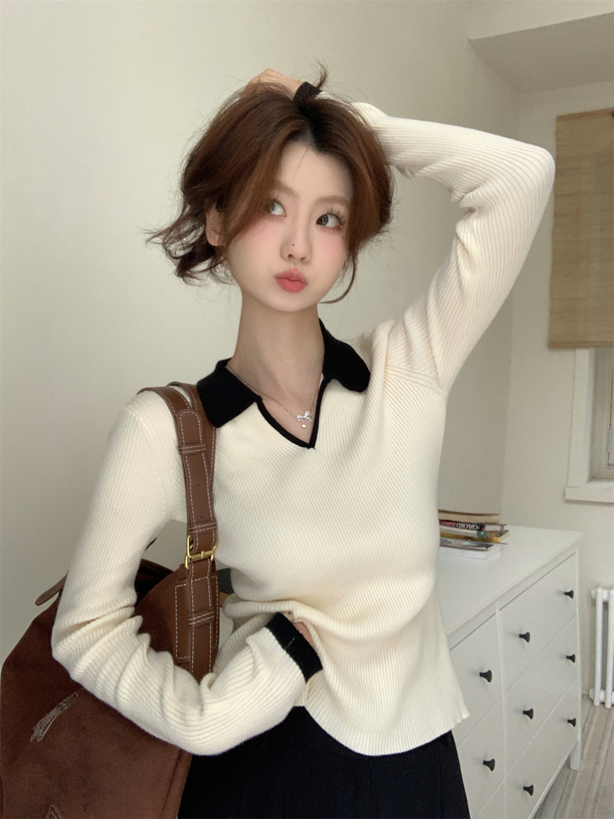撞色POLO領長袖針織衫毛衣女秋冬季修身打底衫內搭小眾設計感上衣