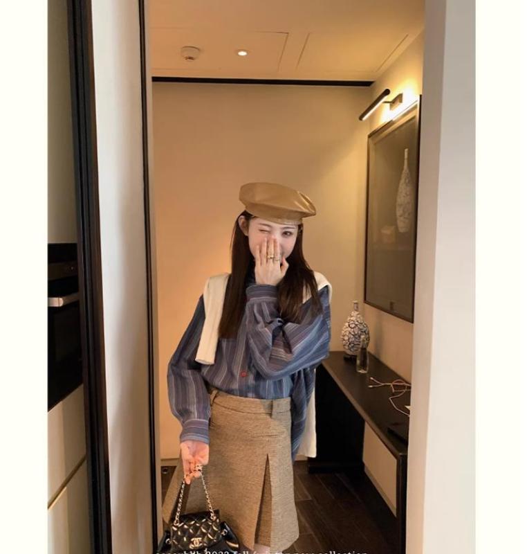 aaaaxbbb Seoul自習室條紋襯衫藍色全棉長袖寬鬆休閒高級感襯衣女