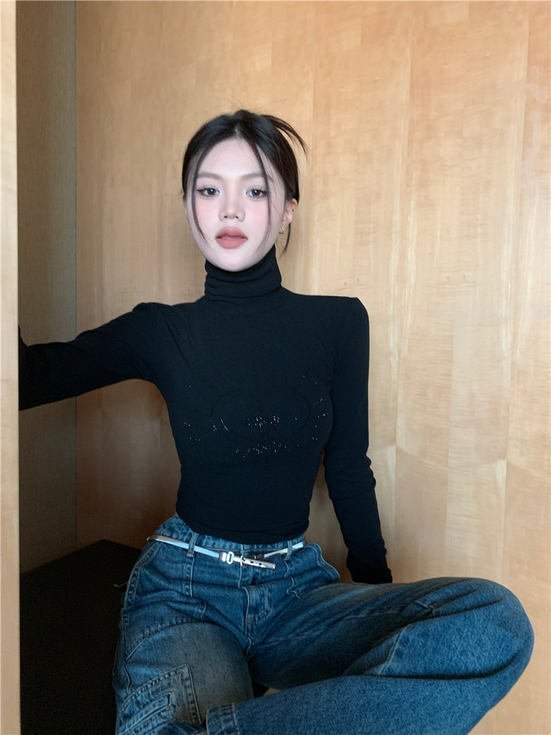 實拍 秋冬磨毛燙鑽小高領打底衫內搭長袖上衣
