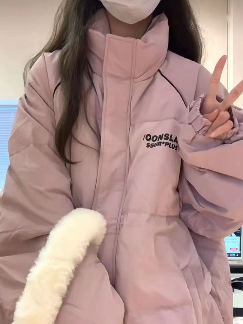Pink warm letter printed stand collar cotton coat for women winter ins thickened cotton coat trendy bread coat