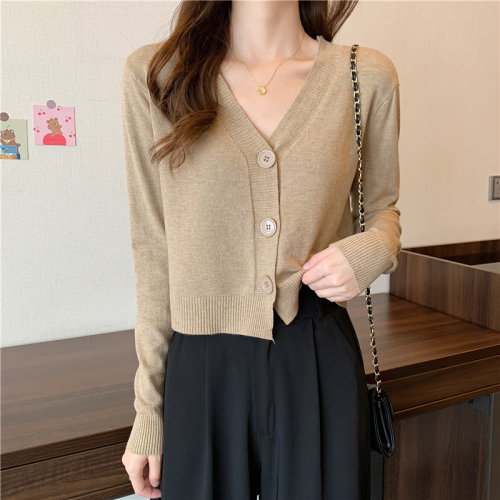 Real shot of core-spun yarn v-neck long-sleeved sweater top thin cardigan with sweater short coat for women