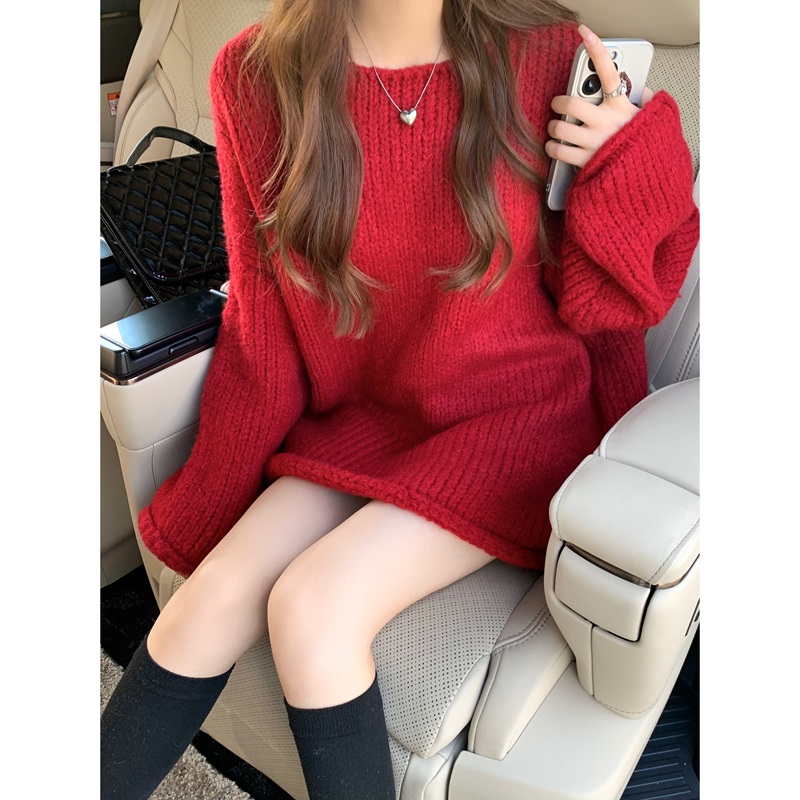 實拍 韓版聖誕氛圍感紅色氣質顯白寬鬆套頭毛衣