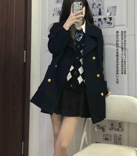 With permed large buttons 360g winter Japanese college style woolen coat for women jk uniform pocket double breasted coat