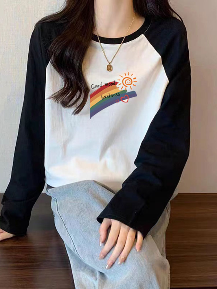 春秋季新款純棉長袖t恤女設計感小眾上衣撞色寬鬆減齡打底衫