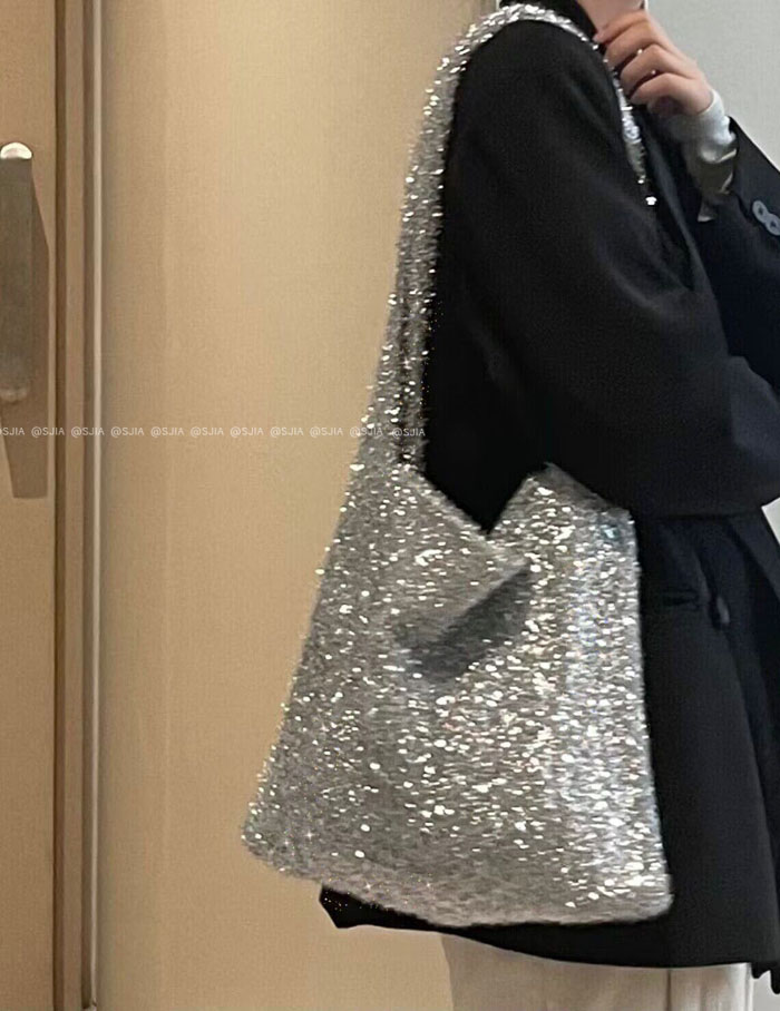 實拍少女chic聖誕風銀色毛毛bling大容量包單肩包