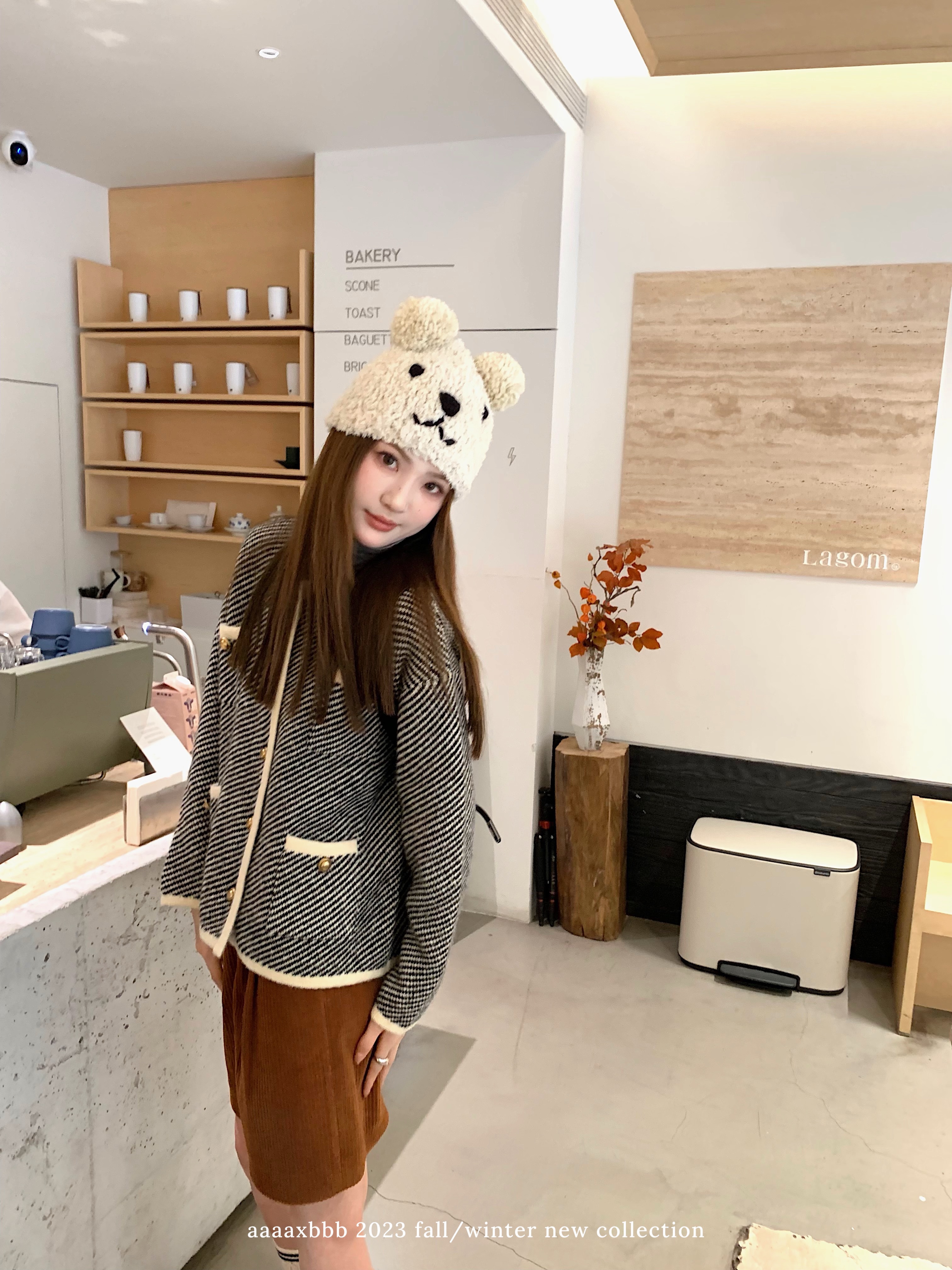 斜紋針織開衫毛衣女撞色圓領加厚單排扣外套