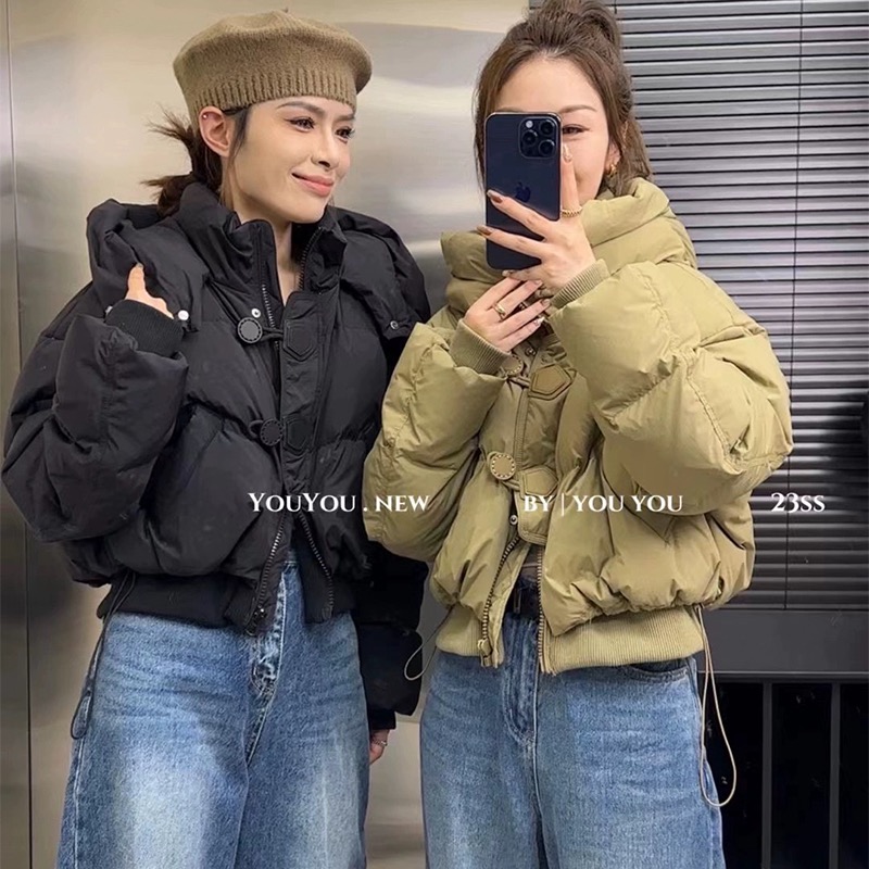 Small short down jacket hooded leather button jacket for women 2023 winter new age-reducing white duck down thermal top