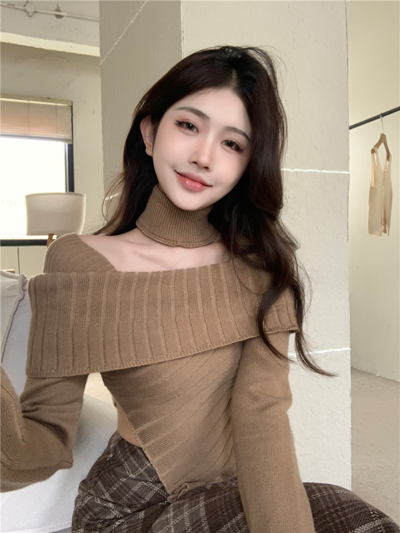 實拍冬季設計感不規則女人柔糯顯瘦毛衣掛脖露肩針織衫上衣