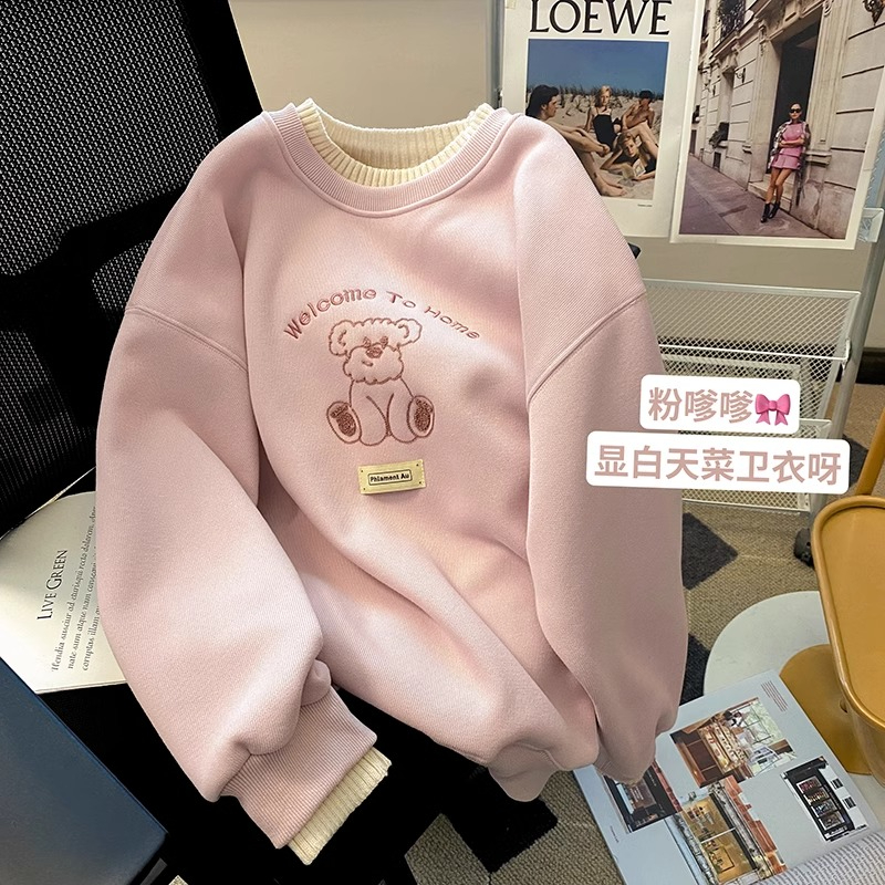 Original workmanship fake two-piece round neck sweatshirt for women 2023 autumn and winter plus velvet tops and jackets for small people trendy