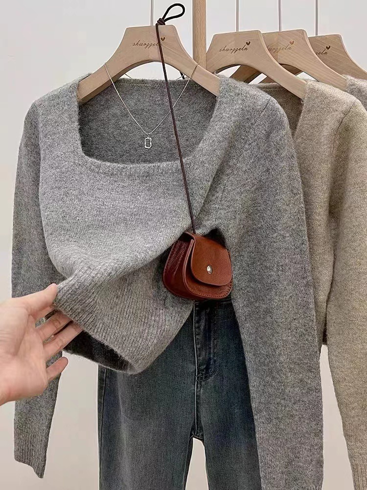 Square collar short soft waxy sweater for women autumn 2023 new pullover short sleeve long-sleeved top versatile base layer shirt