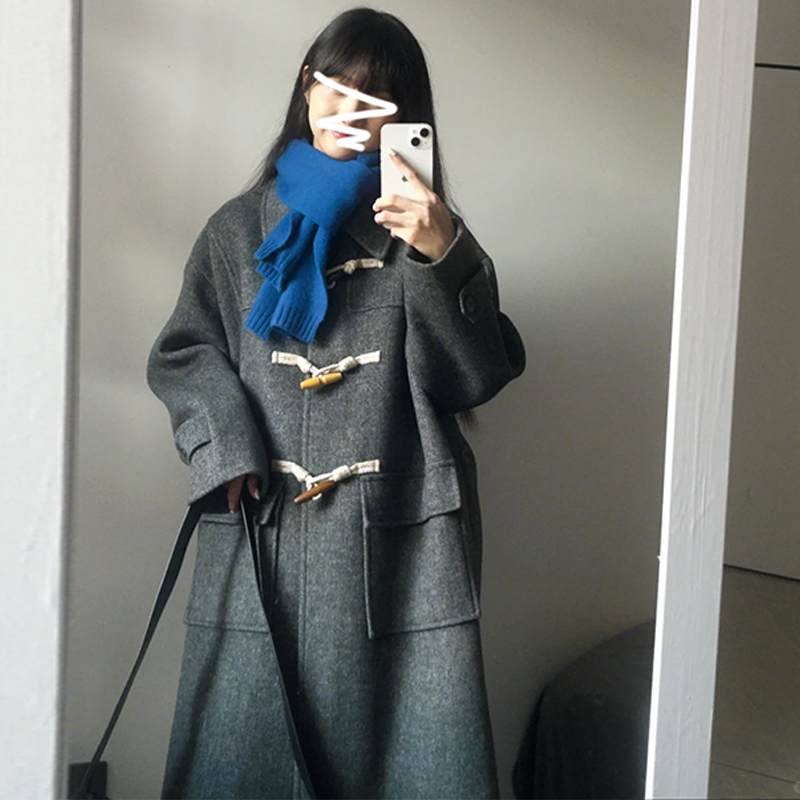 毛呢外套女秋冬2023新款加厚呢子赫本風高級感韓系灰色牛角扣大衣