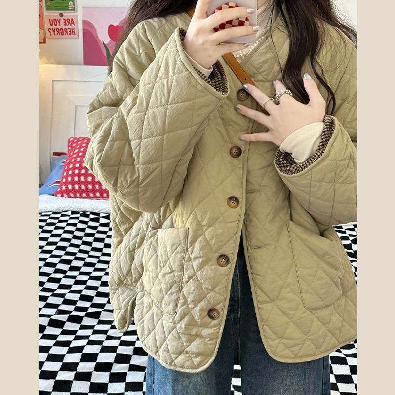 2023 new style small Japanese style quilted thick coat autumn and winter down jacket rhombus cotton jacket cotton coat cotton coat