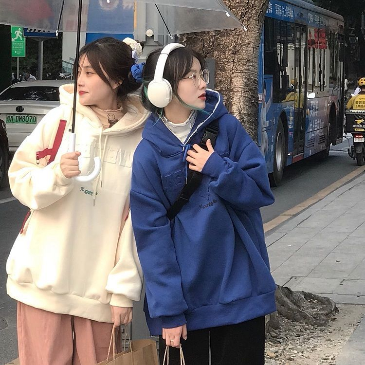 Composite sweatshirt cute bear Klein blue print hooded bear ear sweatshirt for women autumn and winter